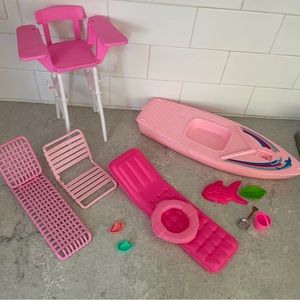 Rare 80s 90s VTG Malibu Barbie pool Accessories ARCO Chairs, Float, Boat LOT